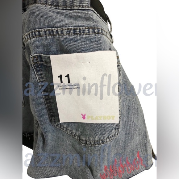 Playboy blue jeans shredded distressed hem bunny logo denim shorts size 11 new‎ - Picture 9 of 16